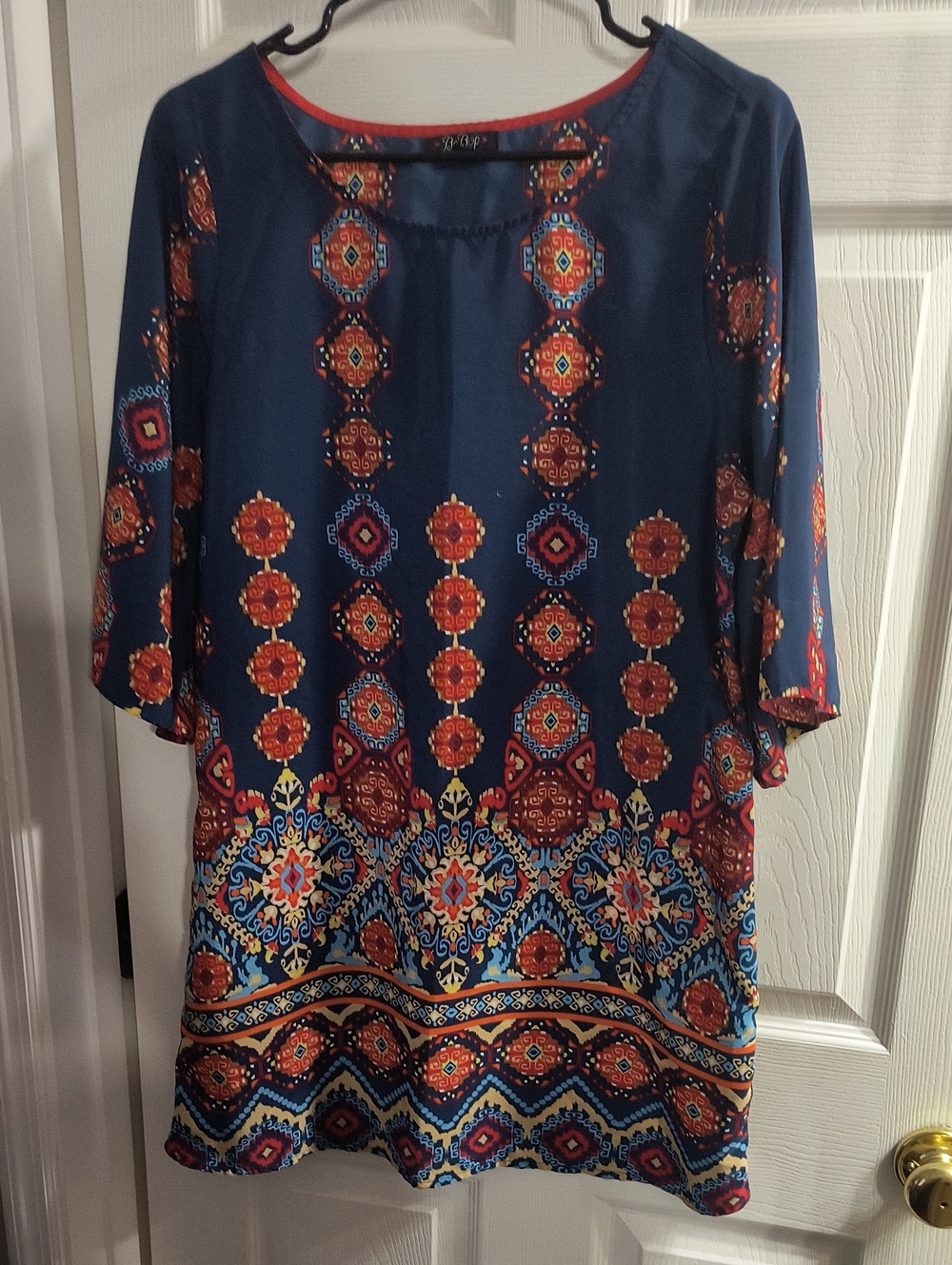 BeBop Navy Dress with Red-Orange Medallion Print